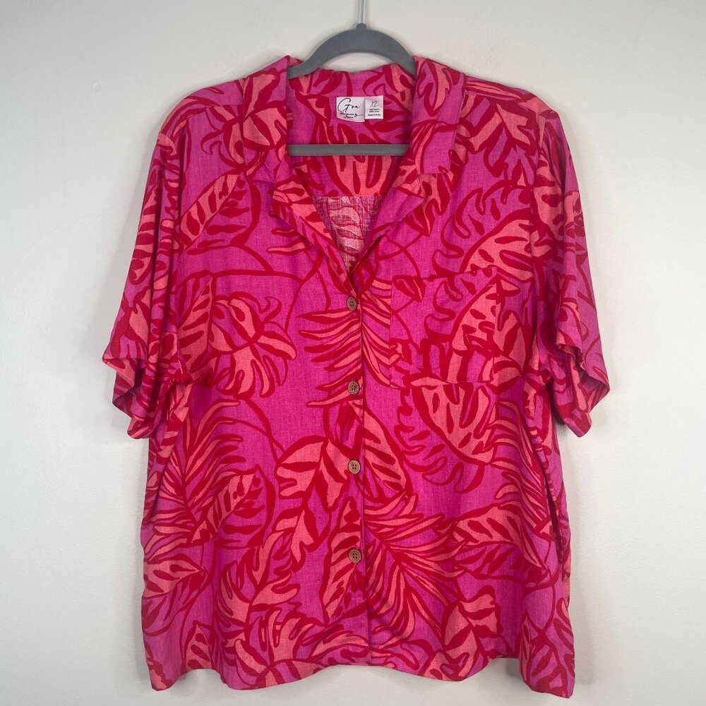 Goa Beachy Camp Shirt Top‎ XLarge Bright Tropical Floral Linen Blend Button Up